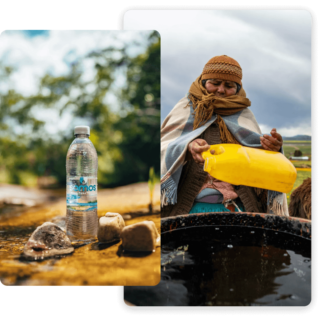 imagen de una botella de plástico con agua y mujer sacando agua de un pozo